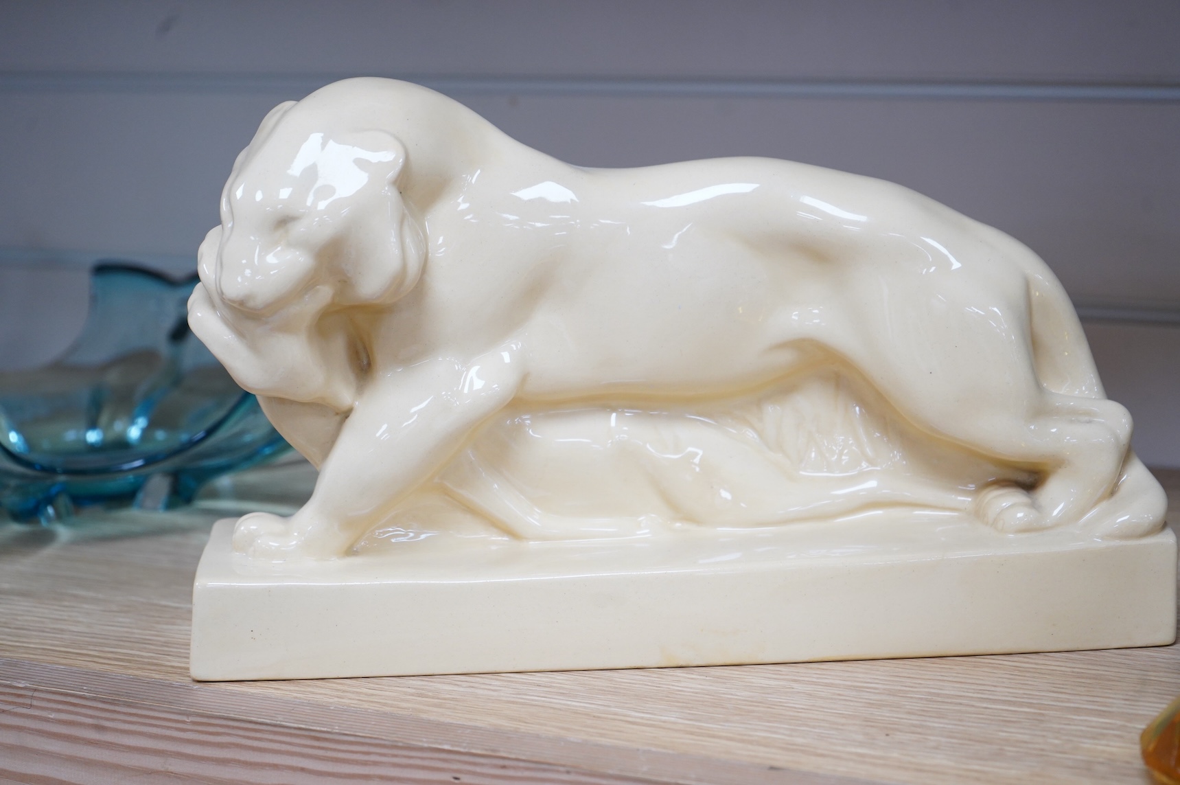 John Skeaping for Wedgwood, Art Deco sculpture of a Tiger with buck, straw glazed, 33cm wide